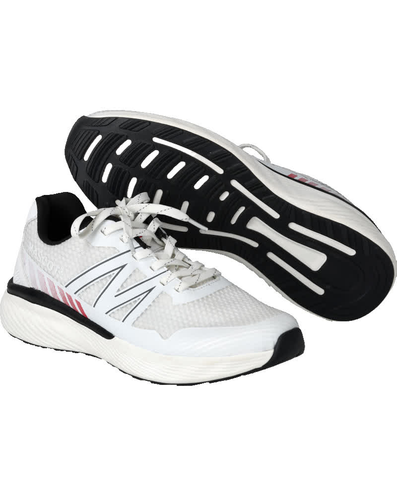 Weiße MASCOT® FOOTWEAR CASUAL Sneakers ohne Sicherheitsfunktion, leichter metallfreier Halbschuh mit EVA-Zwischensohle, stoßdämpfender PU-Einlegesohle und rutschhemmender Non-Marking Gummilaufsohle, seitlich und von unten dargestellt.