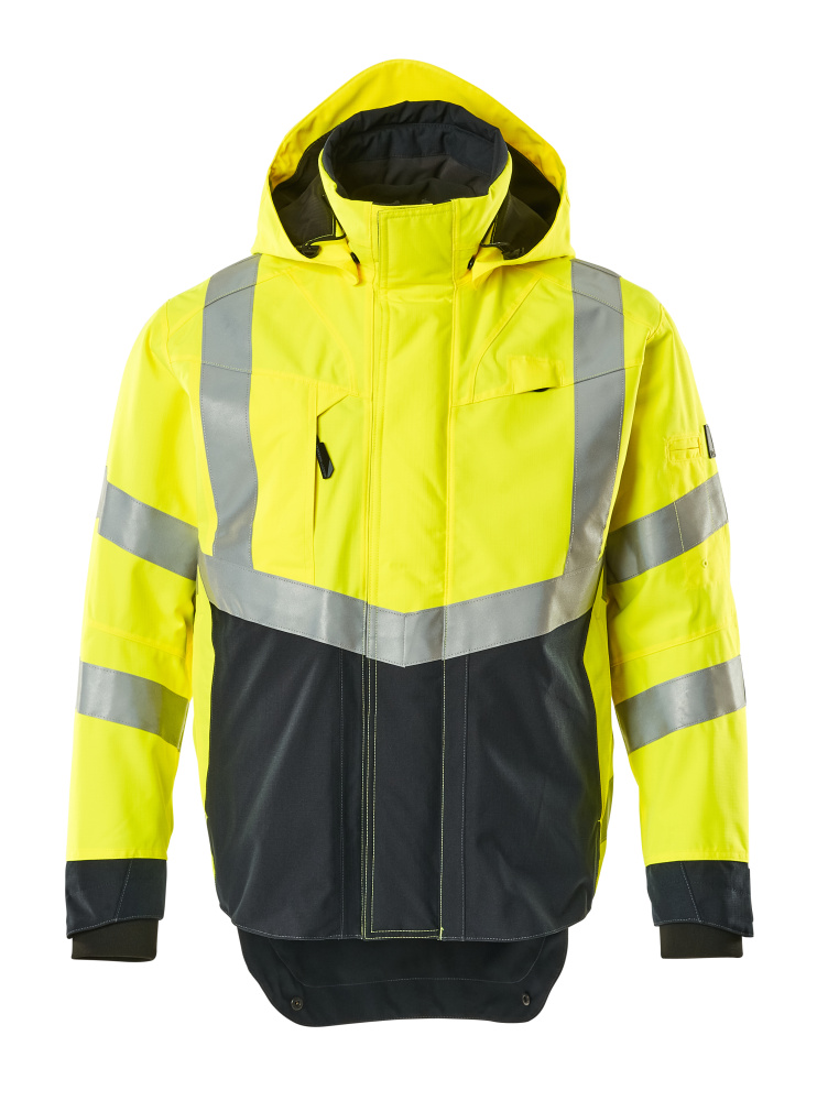 MASCOT® Harlow SAFE SUPREME Hardshelljacke, zweifarbige Winterwarnschutzjacke in Hi-Vis Gelb/Schwarzblau 2XL mit Reflexstreifen und Kapuze