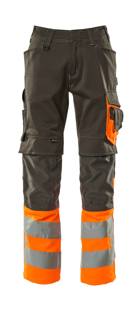 MASCOT® Leeds SAFE SUPREME Warnschutzhose mit Knietaschen, zweifarbig in Schwarzblau/Hi-vis Gelb 82C47, Frontansicht mit Reflexstreifen