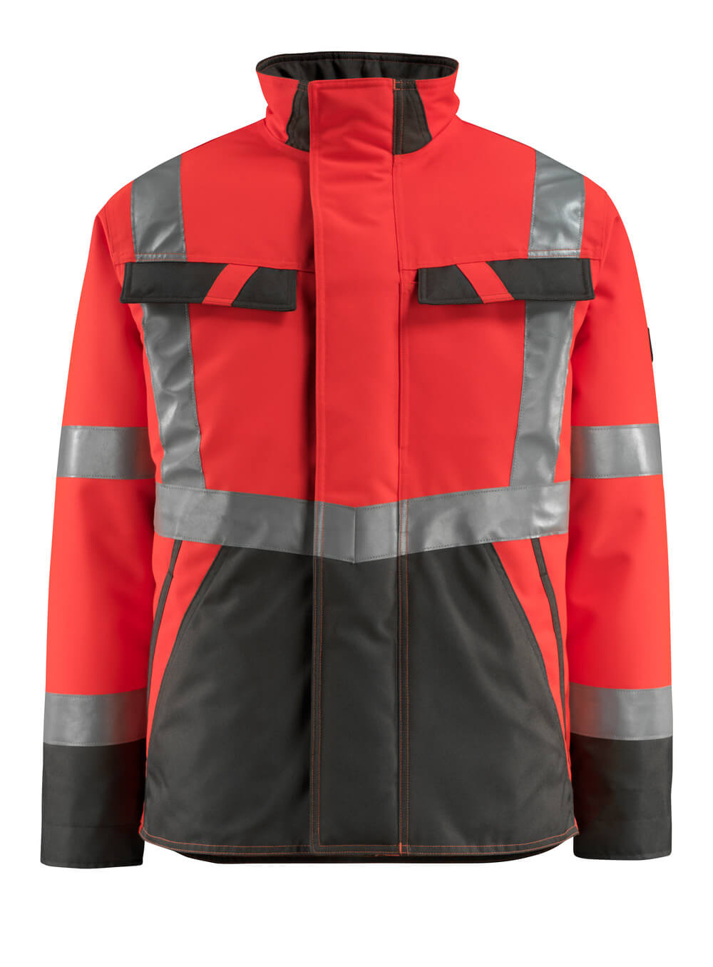 Frontansicht der MASCOT® Penrith SAFE LIGHT Winterjacke in Hi-Vis Rot/Dunkelanthrazit, zweifarbige Winterwarnschutzjacke mit Reflexstreifen in Größe 2XL