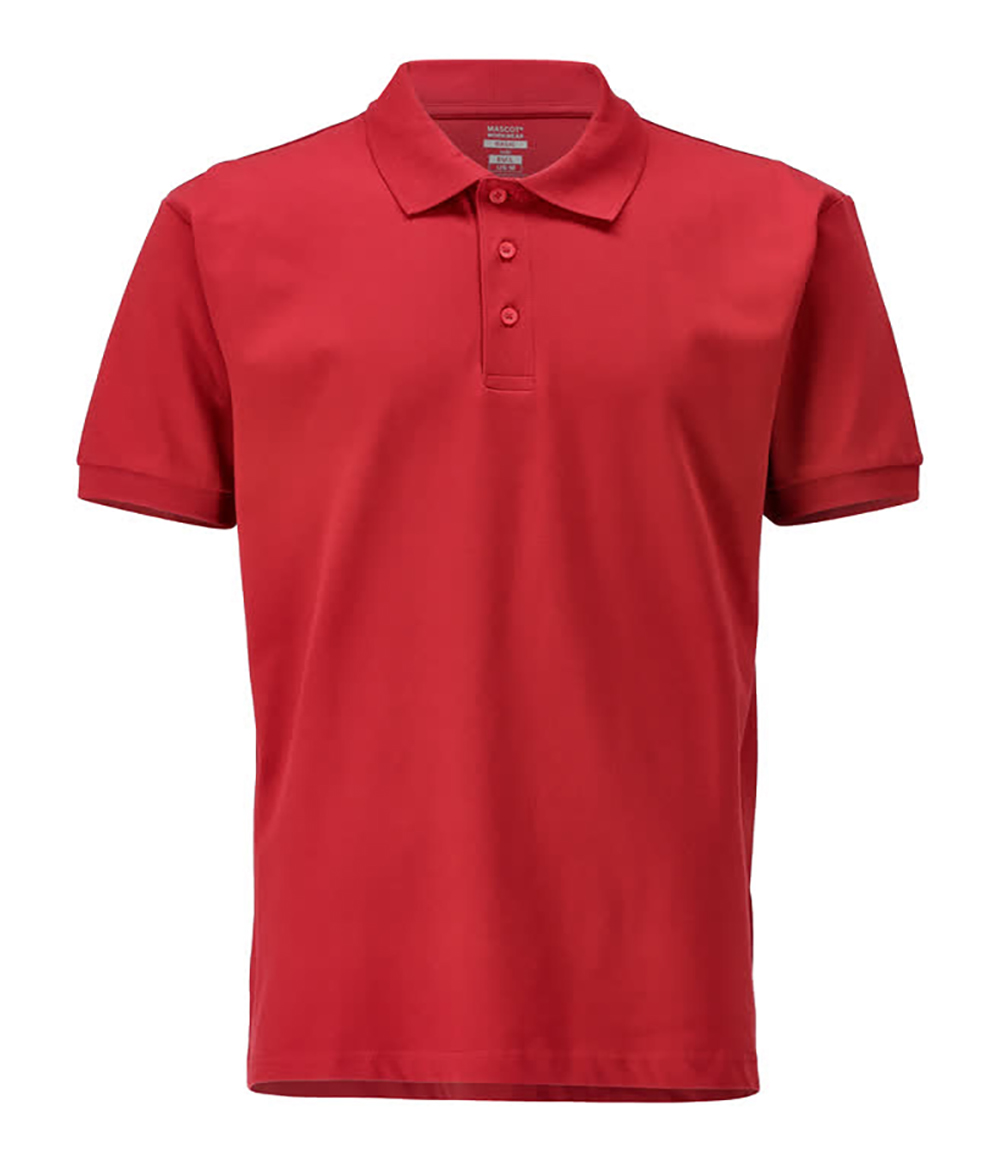Abbildung eines roten Herren Poloshirts mit Kragen, kurzer Knopfleiste und kurzen Ärmeln, frontal dargestellt