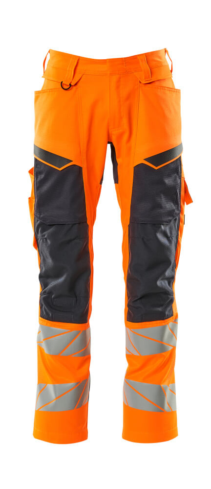 MASCOT® ACCELERATE SAFE Warnschutzhose mit Knietaschen in Hi-Vis Orange/Schwarzblau, reflektierend, ergonomische Beine, robuste Arbeitshose