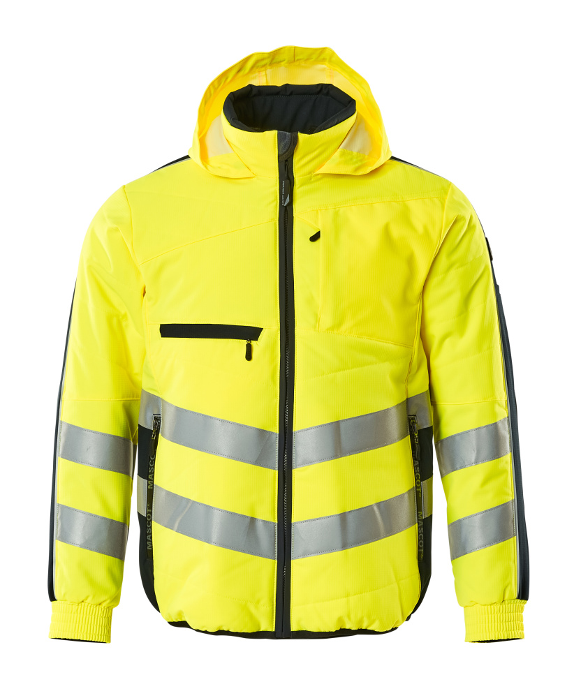 MASCOT® Dartford SAFE SUPREME Jacke in Hi-vis Gelb/Schwarzblau, Winterwarnschutzjacke mit Reflexstreifen, Kapuze und Reißverschlusstaschen, Größe 2XL