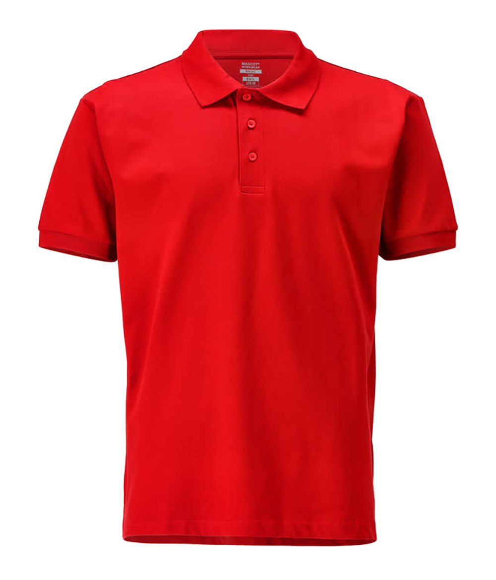 Abbildung eines roten Polo-Shirts mit kurzen Ärmeln, Kragen und dreifacher Knopfleiste, ideal für Freizeit und Beruf