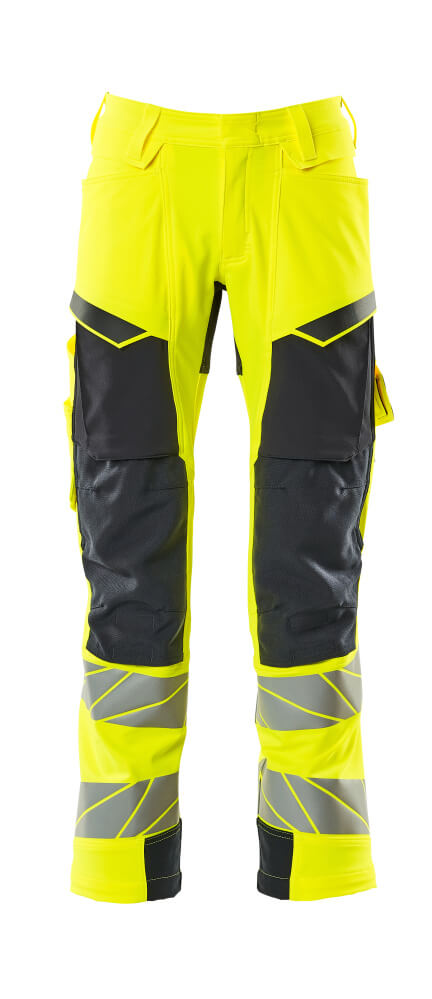 MASCOT® ACCELERATE SAFE Arbeitshose mit Knietaschen, zweifarbige Warnschutzhose in Hi-Vis Gelb/Dunkelpetroleum, reflektierend, Größe 82C52