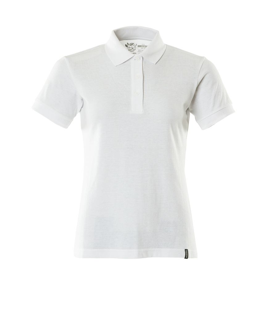 Frontansicht eines weißen Damen Poloshirts mit kurzen Ärmeln und Knopfleiste