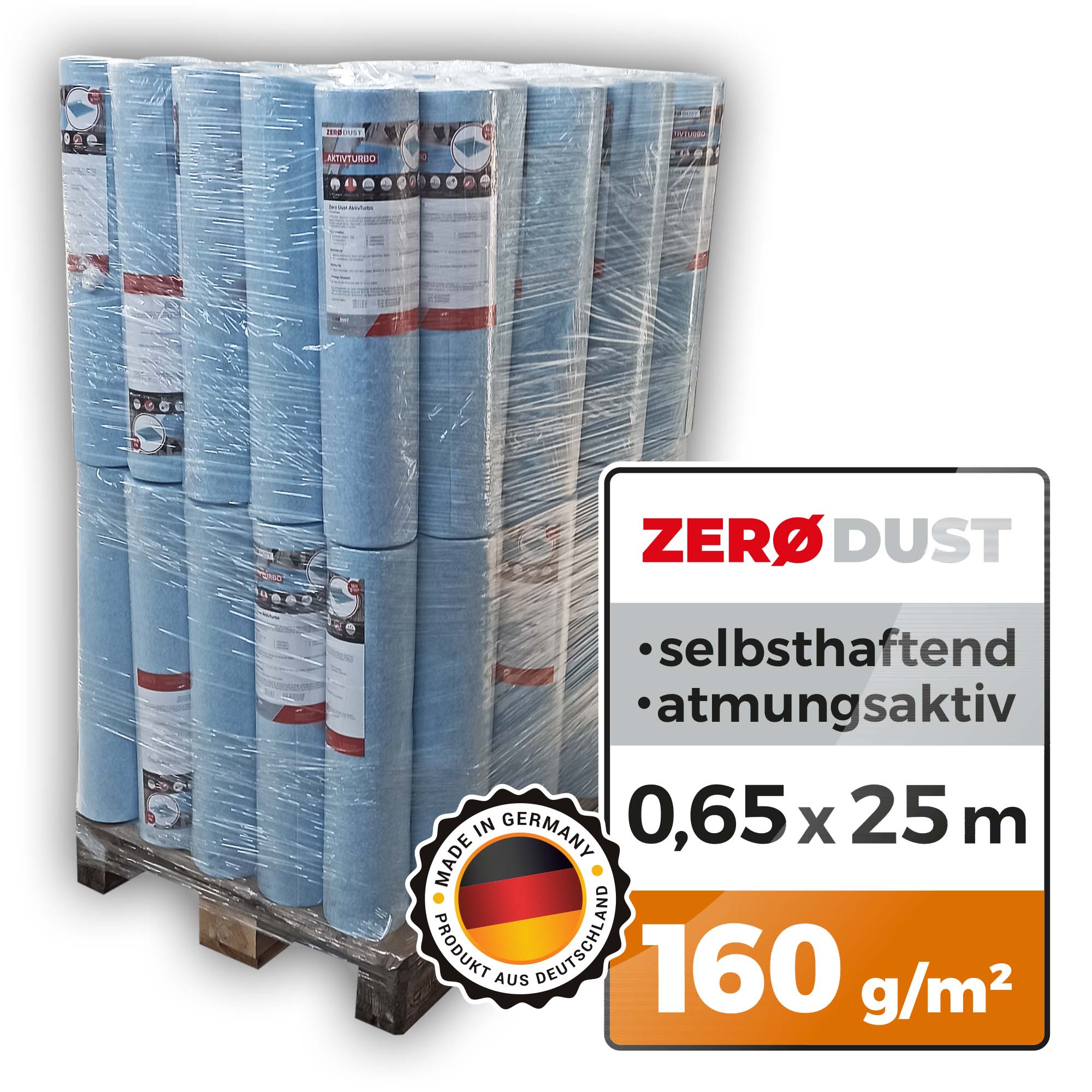 Palette mit selbsthaftendem, atmungsaktivem Abdeckvlies 0,65 m x 25 m mit Membrane, 160 g/m² AktivTurbo, Made in Germany für staubfreie Boden- und Oberflächenschutzarbeiten