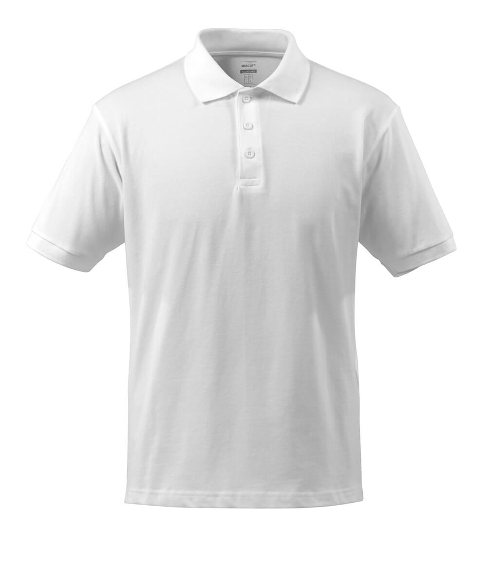Frontansicht eines schlichten weißen Herren-Poloshirts mit Kurzarm und dreiknöpfiger Knopfleiste