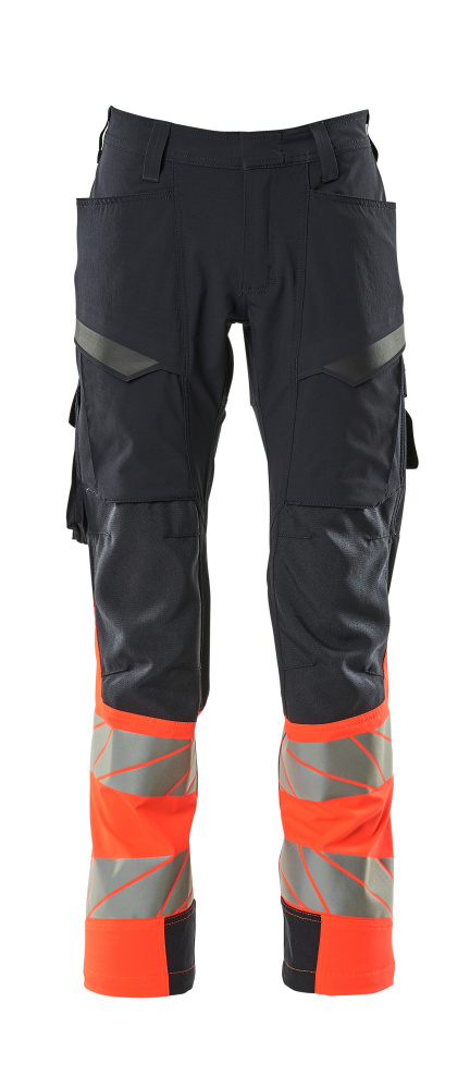Produktbild der MASCOT® ACCELERATE SAFE Hose mit Schenkeltaschen, zweifarbige Warnschutzhose in Schwarzblau/Hi-vis Rot 76C46 mit reflektierenden Streifen