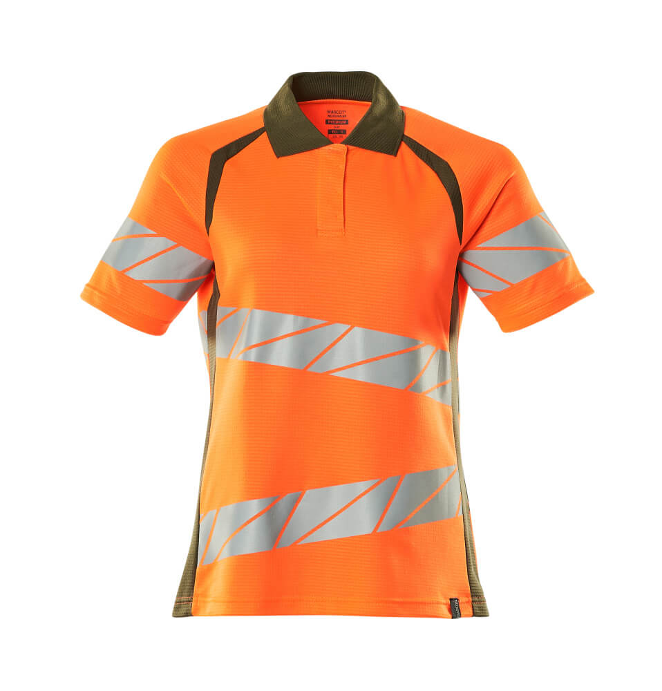 MASCOT® ACCELERATE SAFE Polo-Shirt für Damen, zweifarbiges Warnschutz-Polo in Hi-Vis Orange/Moosgrün mit reflektierenden Streifen, Größe 2XLONE