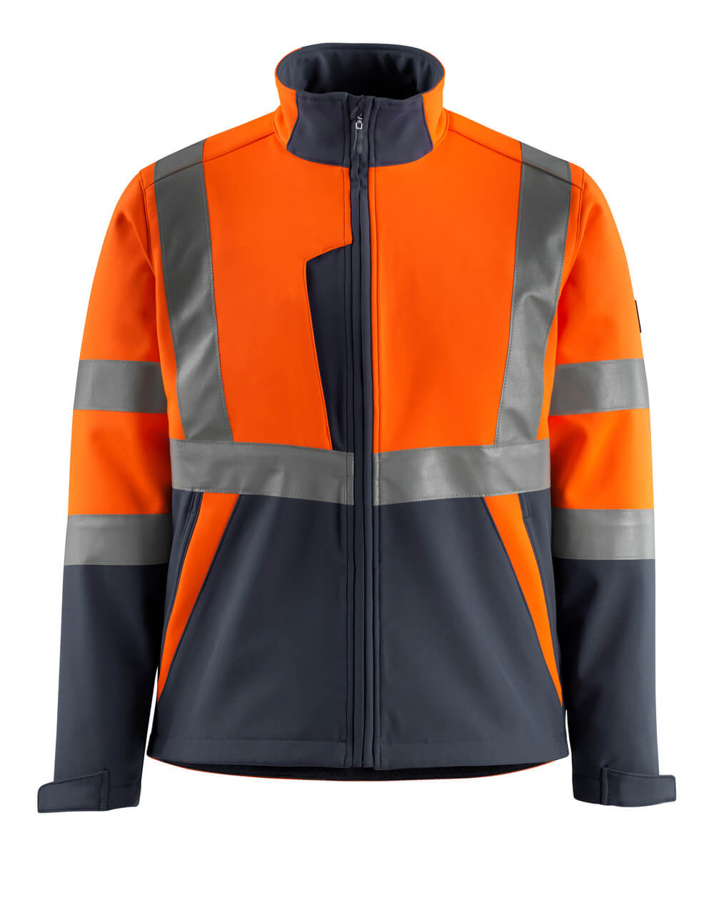 MASCOT® Kiama SAFE LIGHT Softshelljacke, fluoreszierend orange-schwarzblau mit vertikalen und horizontalen Reflexstreifen, atmungsaktiv und gefüttert mit Fleece