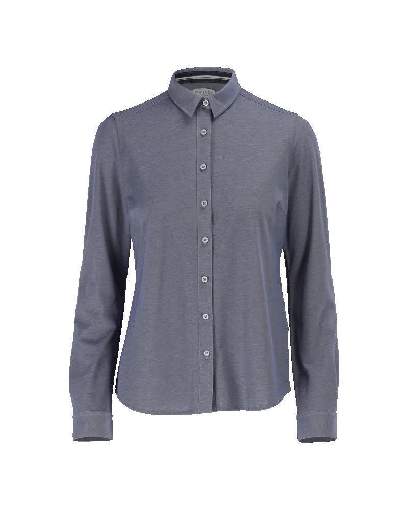 Blau-meliertes MASCOT® FRONTLINE Corporate Casual Damenhemd in Größe 34 mit Kragen, Knopfleiste und langen Ärmeln, Vorderansicht freigestellt