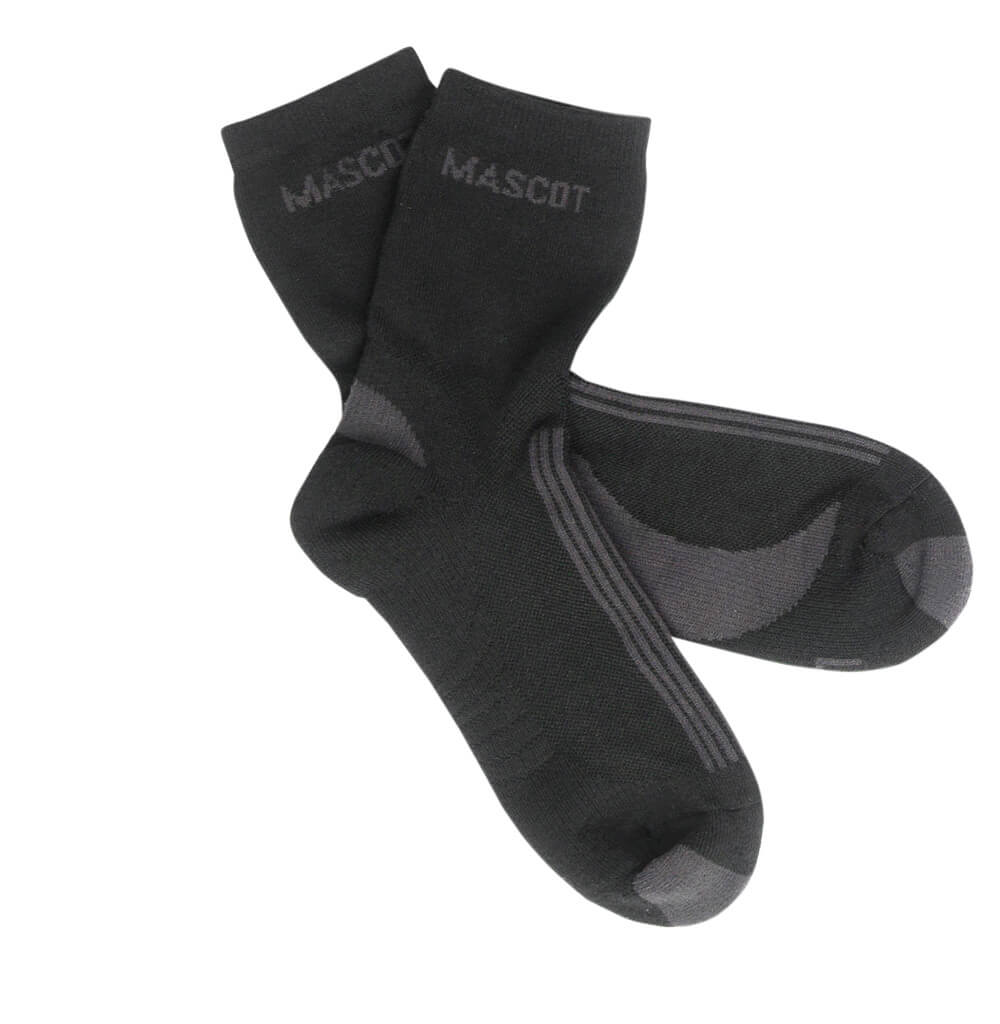 Schwarze MASCOT® Asmara COMPLETE Socken in Schwarz/Dunkelanthrazit mit COOLMAX®, verstärkter Ferse und Zehen sowie ergonomischer Passform für rechten und linken Fuß