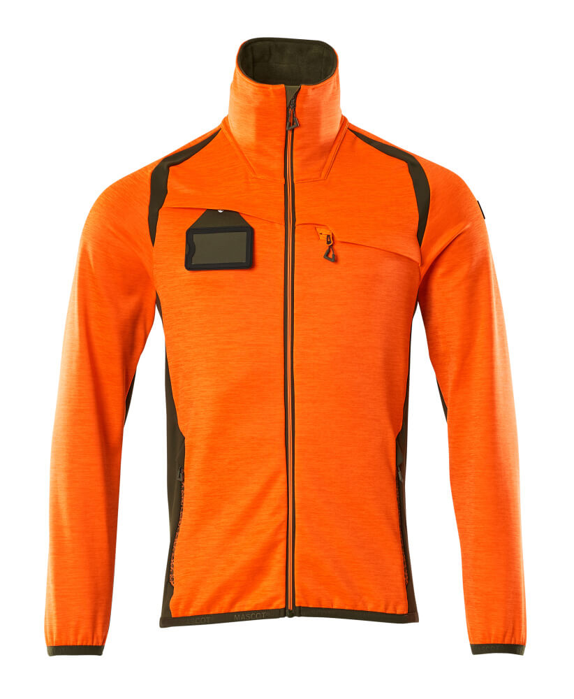MASCOT® ACCELERATE SAFE Fleecejacke, zweifarbige Warnschutzjacke in Hi-vis Orange/Moosgrün, Größe 2XL, mit Reißverschluss und Taschen