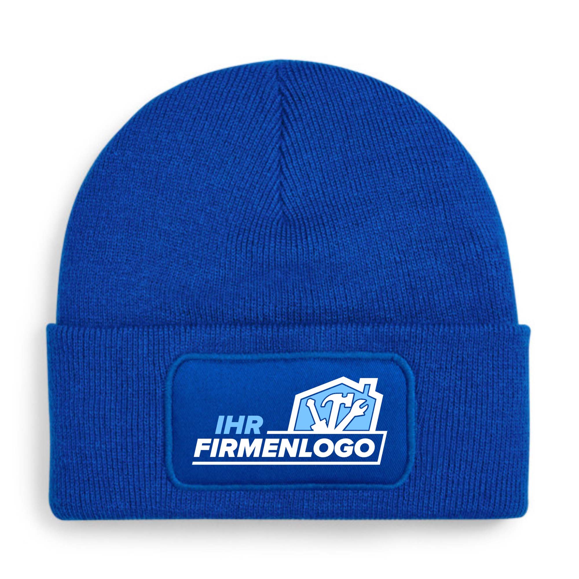 Blaue Handwerker Beanie Wintermütze mit Firmenlogo-Patch