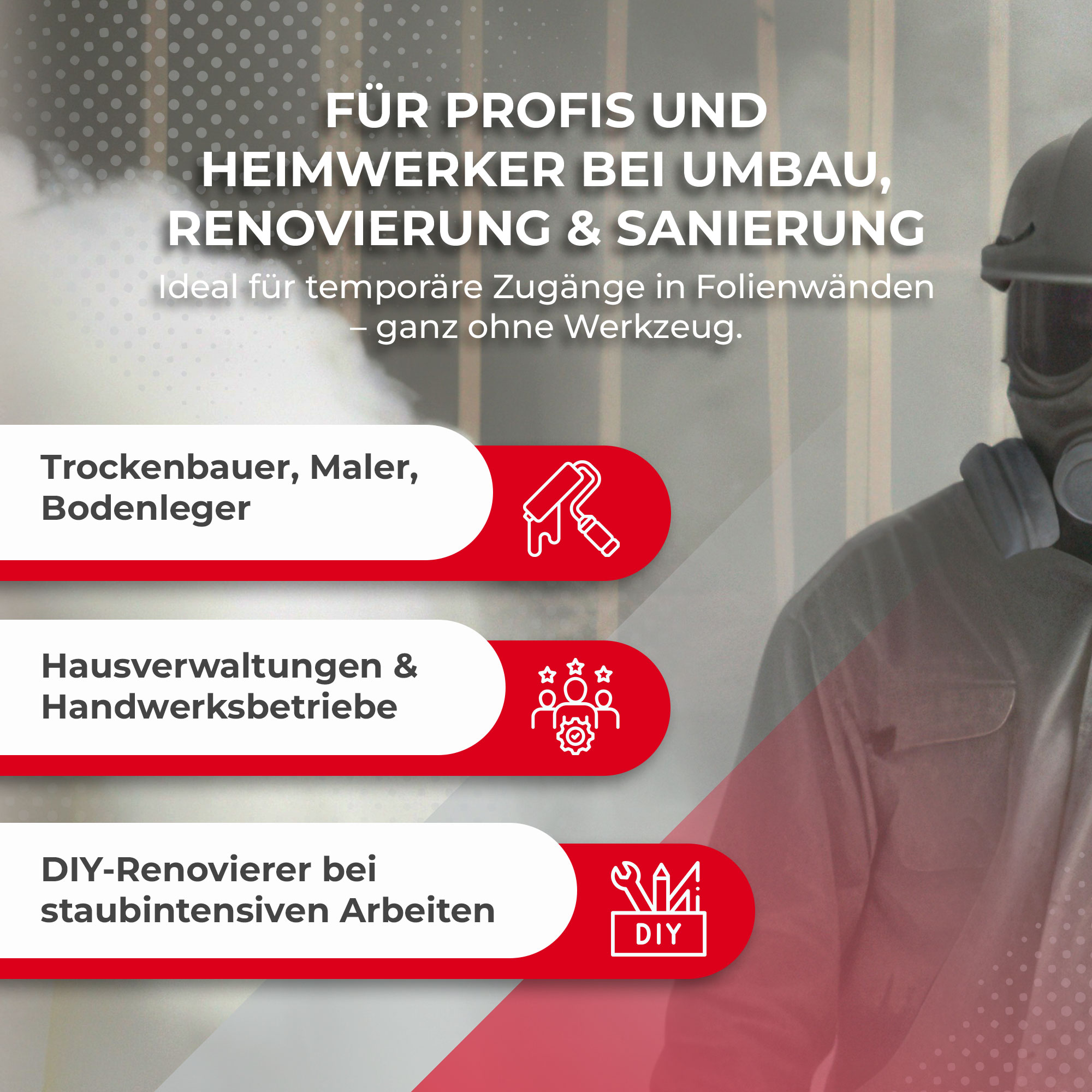 Zero Dust selbstklebende Reißverschlüsse rot Staubschutzwänd