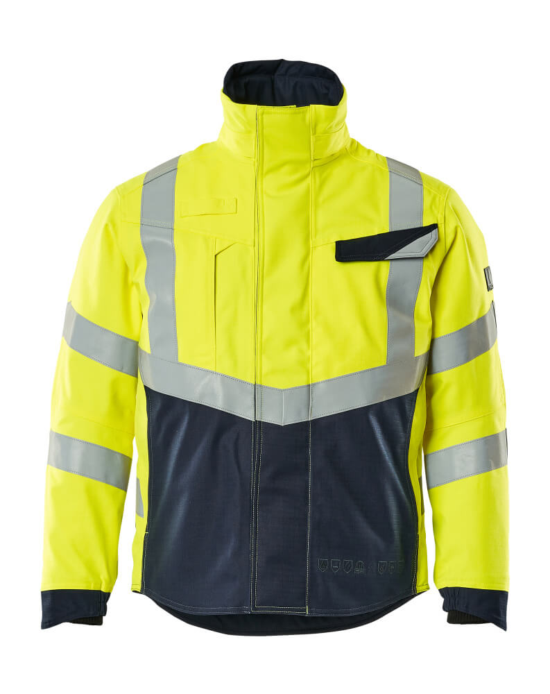 Zweifarbige MASCOT® MULTISAFE Winterjacke in fluoreszierend Gelb/Schwarzblau mit Reflexstreifen, antistatisch, flammhemmend, säure- und wetterfest