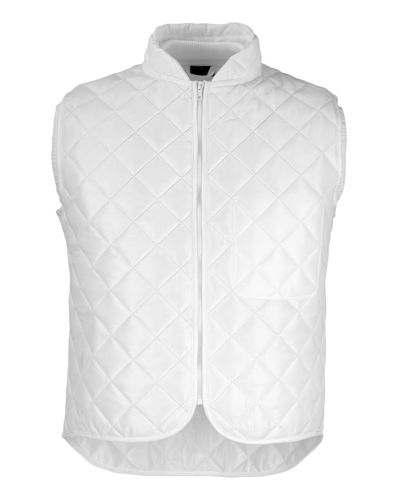 Weiße MASCOT® ORIGINALS Thermoweste 2XL mit Stehkragen, durchgehendem Reißverschluss, wattierter Steppung und verlängertem Rückenteil für zusätzlichen Kälteschutz.