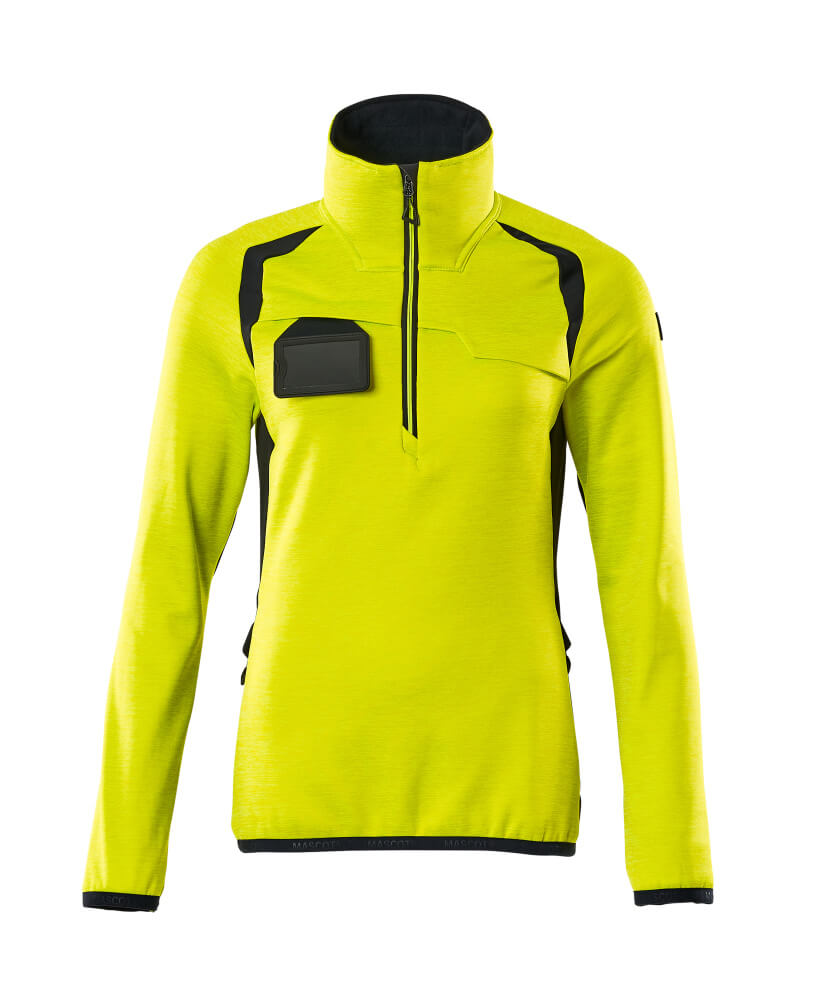 MASCOT® ACCELERATE SAFE Damen-Fleecejacke mit kurzem Reißverschluss, zweifarbige Warnschutzbekleidung in Hi-Vis Orange/Moosgrün, Größe XS, Frontansicht