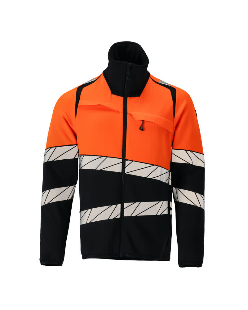MASCOT® ACCELERATE SAFE Fleecejacke in Schwarzblau/Hi-vis Orange, fluoreszierende Warnschutz-Fleecejacke mit schrägen Reflexstreifen, Stehkragen und Reißverschlusstaschen