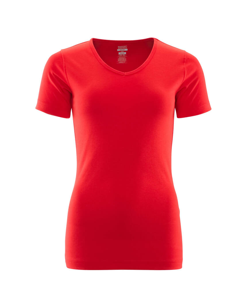 Rotes MASCOT® Nice CROSSOVER T-Shirt mit Damenpassform und V-Ausschnitt für professionelle Arbeitsbekleidung