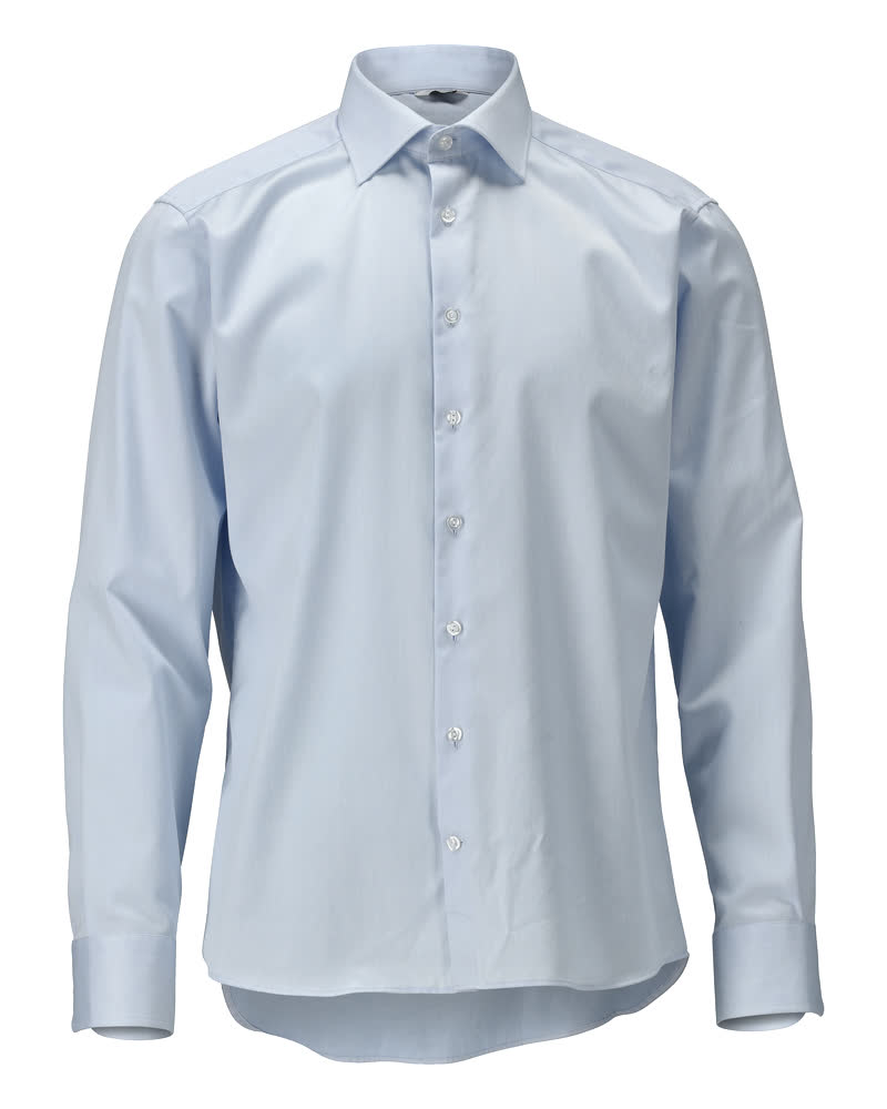Hellblaues MASCOT® M by Mascot Corporate Business Hemd in Größe 37 mit langen Ärmeln, Knopfleiste und klassischem Kentkragen, frontal abgebildet