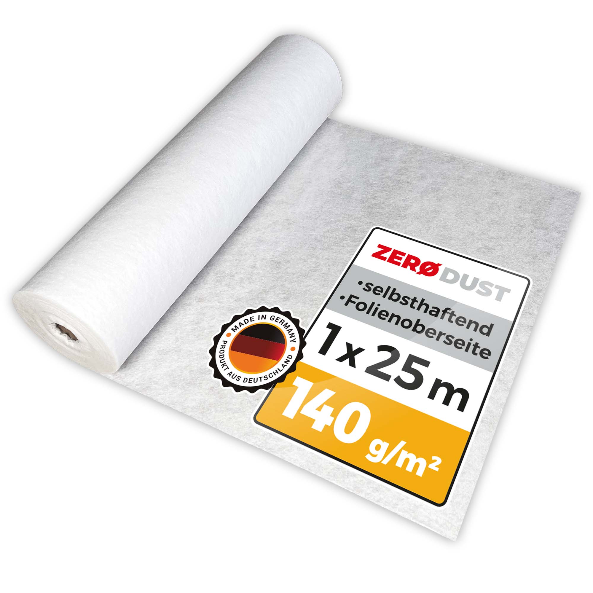 ZERODUST selbsthaftende Vlies-Abdeckfolie auf Rolle, 1 x 25 m, 140 g/m² mit Folienoberseite für staubarme, sichere Abdeckung, Made in Germany