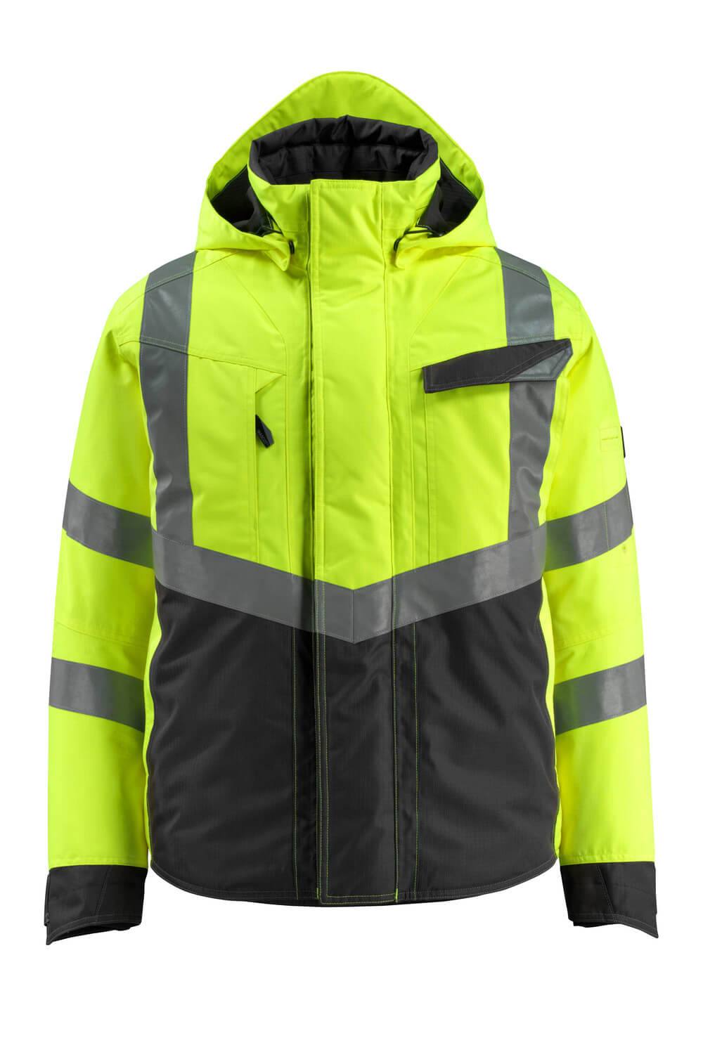 MASCOT® Hastings SAFE SUPREME Winterjacke in Hi-vis Gelb/Schwarz, zweifarbige Winterwarnschutzjacke mit Reflexstreifen und Kapuze, Größe L