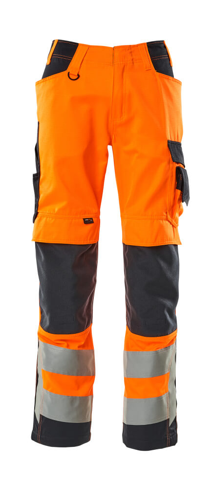 MASCOT® SAFE SUPREME Warnschutz-Hose mit Knietaschen, fluoreszierend orange/schwarzblau mit Reflexstreifen, robust mit vielen Taschen für Arbeit und Handwerk