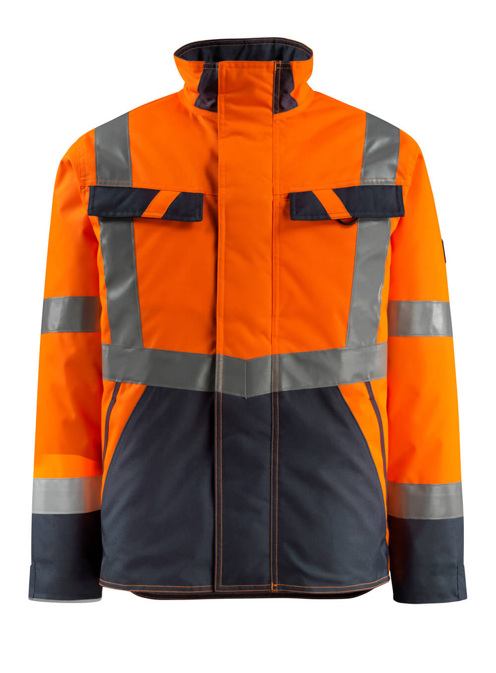 MASCOT® Penrith SAFE LIGHT Winterjacke, fluoreszierende zweifarbige Warnschutzjacke in Orange/Schwarzblau mit Reflexstreifen, Steppfutter und Taschen