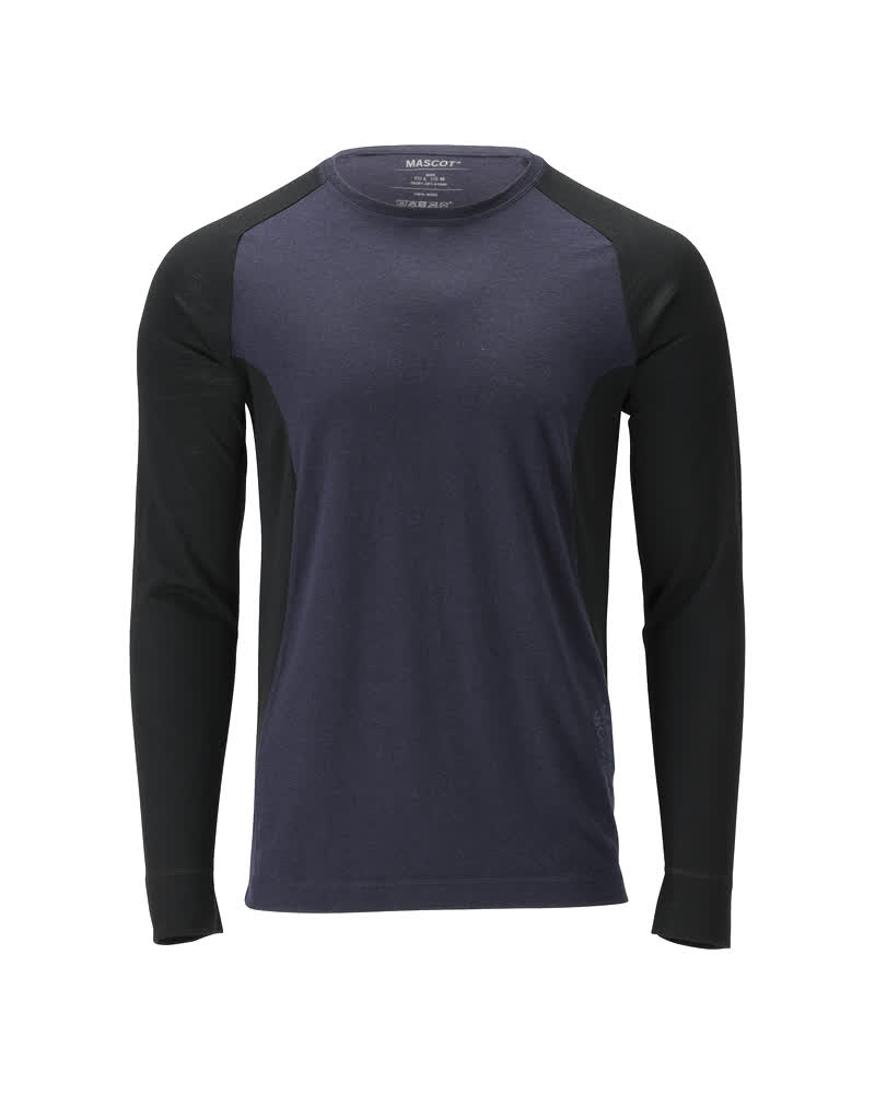 MASCOT® CROSSOVER Funktionsshirt in Schwarzblau/Vollschwarz, 2XL, langarm mit Rundhalsausschnitt, 100 % Wolle für trockenen und warmen Tragekomfort