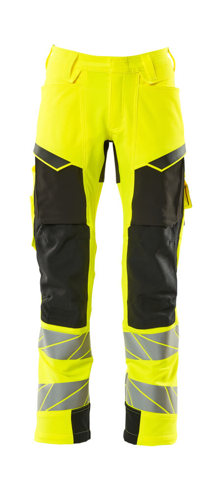 MASCOT® ACCELERATE SAFE Warnschutzhose mit Knietaschen, zweifarbige Hi-Vis Arbeitshose in Gelb/Schwarzblau mit Reflexstreifen, Größe 82C56