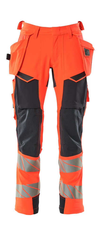 MASCOT® ACCELERATE SAFE Arbeitshose mit Hängetaschen, zweifarbige Warnschutzbundhose in Hi-Vis Gelb/Schwarzblau mit Reflexstreifen, Größe 76C48