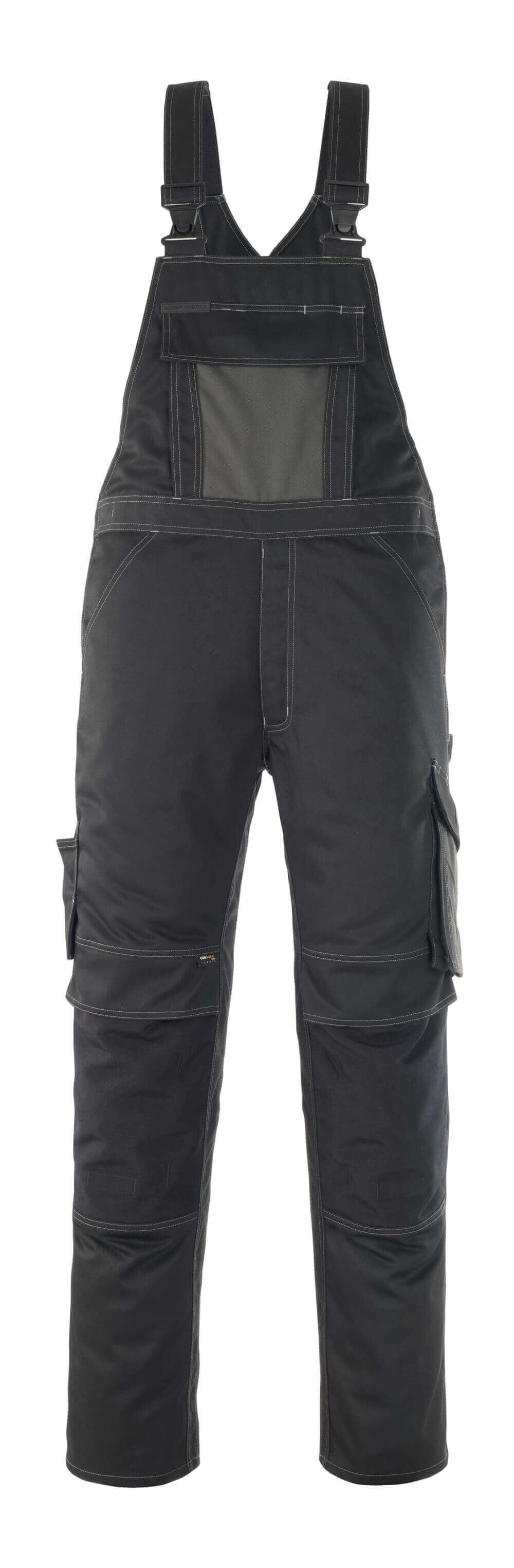 MASCOT® Leipzig UNIQUE Latzhose mit Knietaschen, robuste Arbeitslatzhose in Schwarz/Dunkelanthrazit, Größe 76C46, Vorderansicht