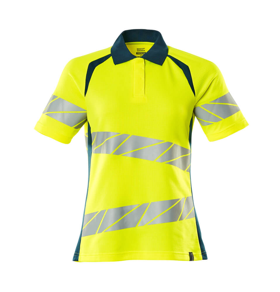Zweifarbiges MASCOT® ACCELERATE SAFE Warnschutz-Polo-Shirt in Damenpassform, Hi-Vis Orange/Moosgrün mit schrägen Reflexstreifen für hohe Sichtbarkeit
