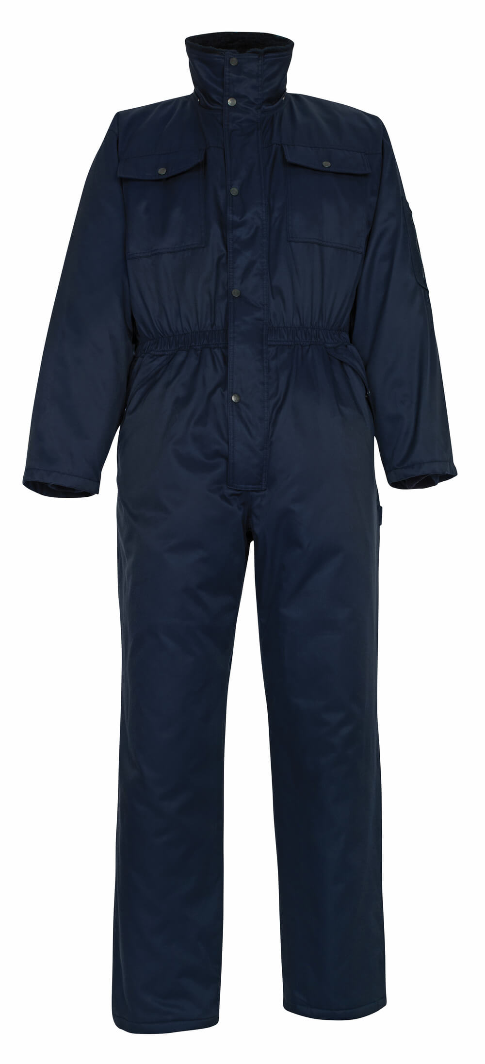 Dunkelblauer MASCOT® Thule ORIGINALS Winteroverall in Marine, wasserabweisend mit Kunstpelzfutter, Steppfutter, Zwei-Wege-Reißverschluss, Brusttaschen und Gummizug in der Taille, vorne frontal freigestellt