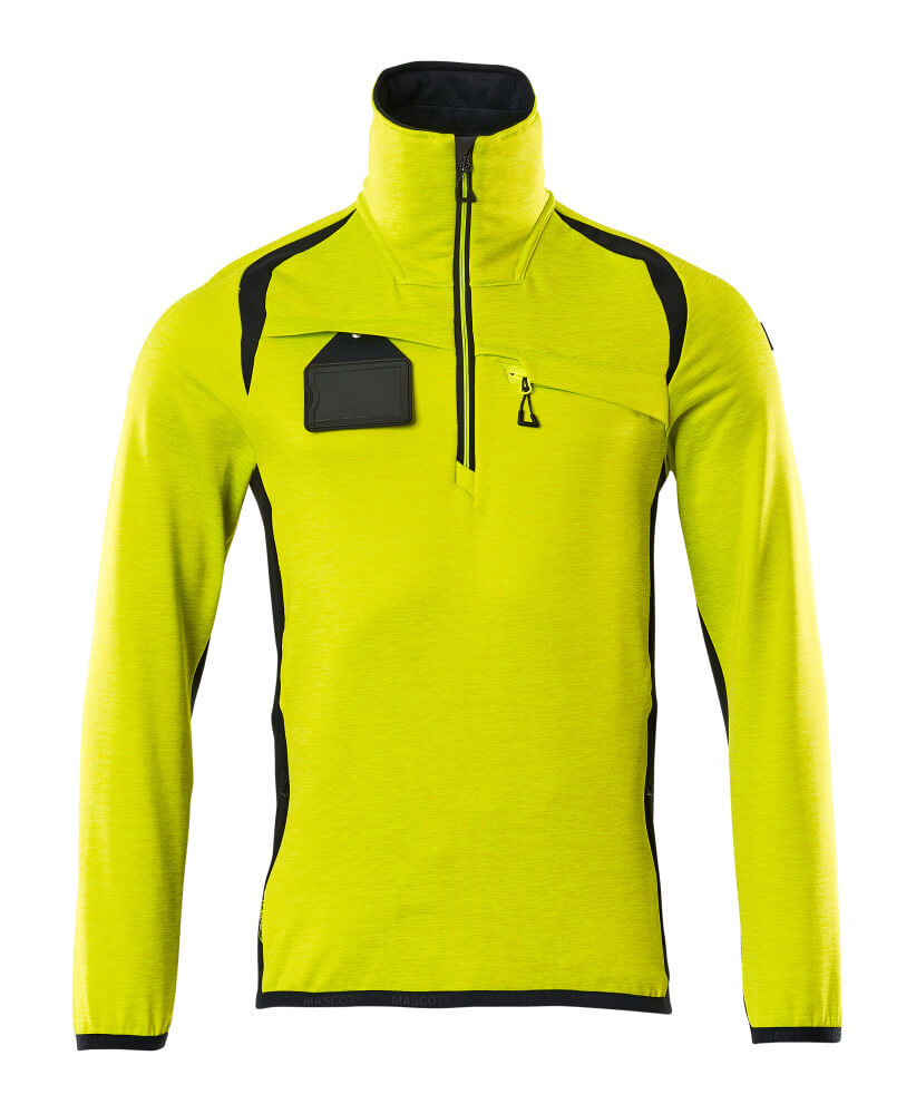 Neon-gelbes langärmeliges Funktionsshirt mit halbem Reißverschluss, Stehkragen, Brusttasche und schwarzen Kontrasteinsätzen