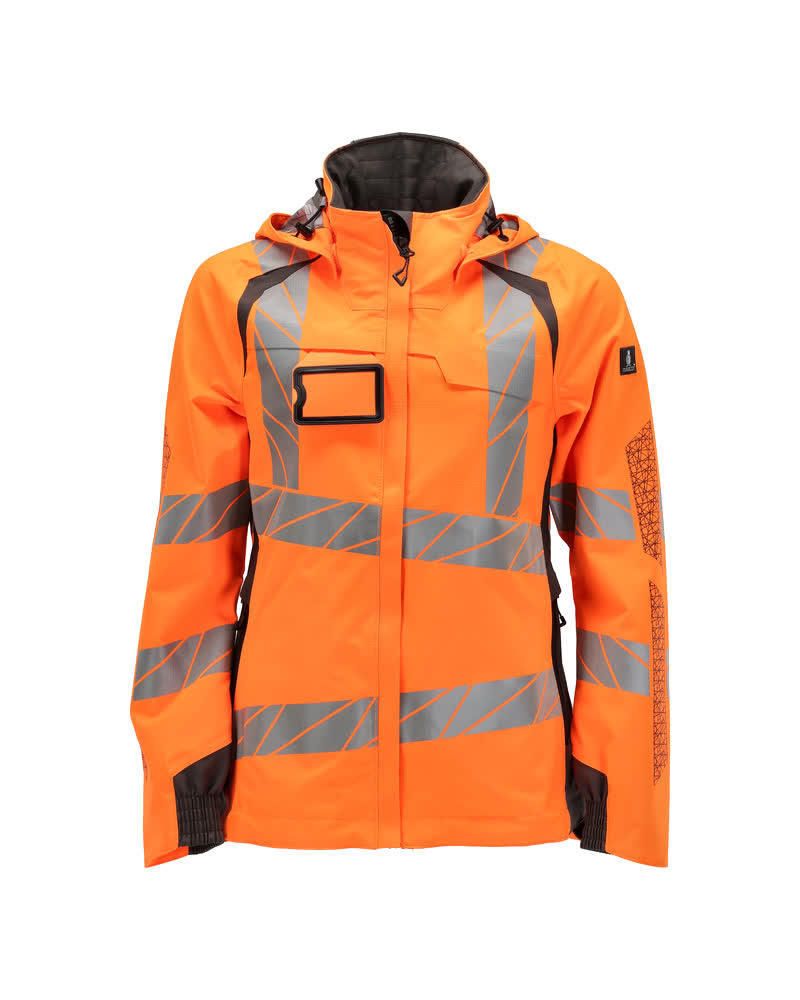 Frontansicht der MASCOT® ACCELERATE SAFE Hardshelljacke in Damenpassform, hi-vis Orange/Dunkelanthrazit, Größe 2XL mit reflektierenden Streifen als Winterwarnschutz