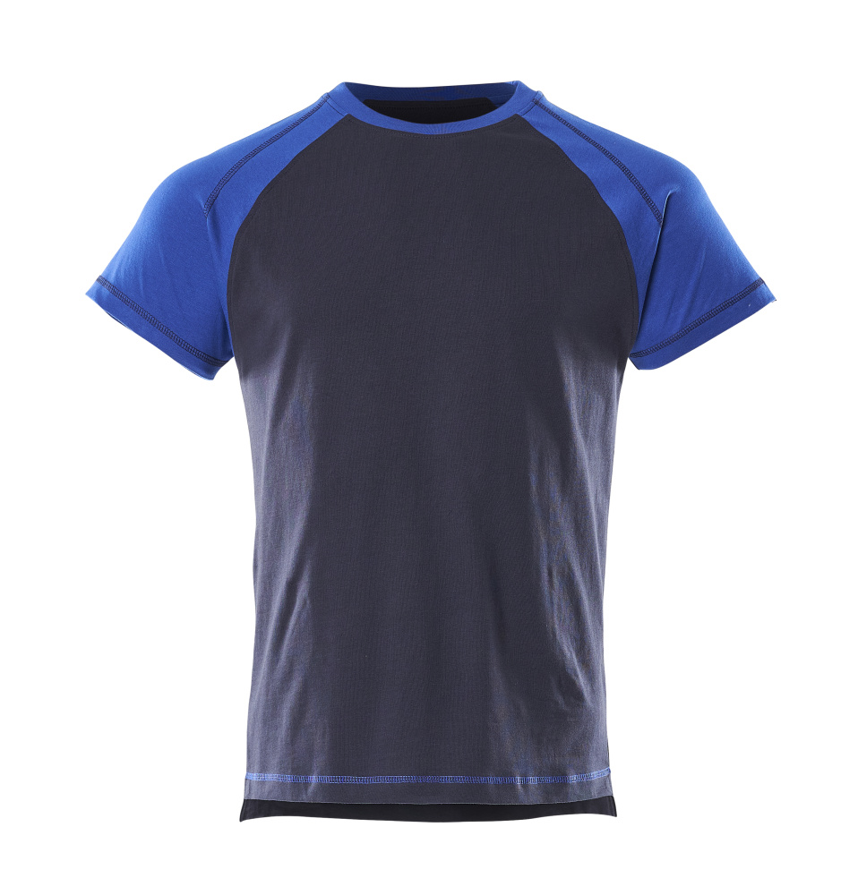 Abbildung des MASCOT® Albano IMAGE T-Shirts in Marine/Kornblau, zweifarbiges Arbeits-T-Shirt aus robuster, gekämmter Baumwolle mit Rundhalsausschnitt und verlängertem Rückenteil