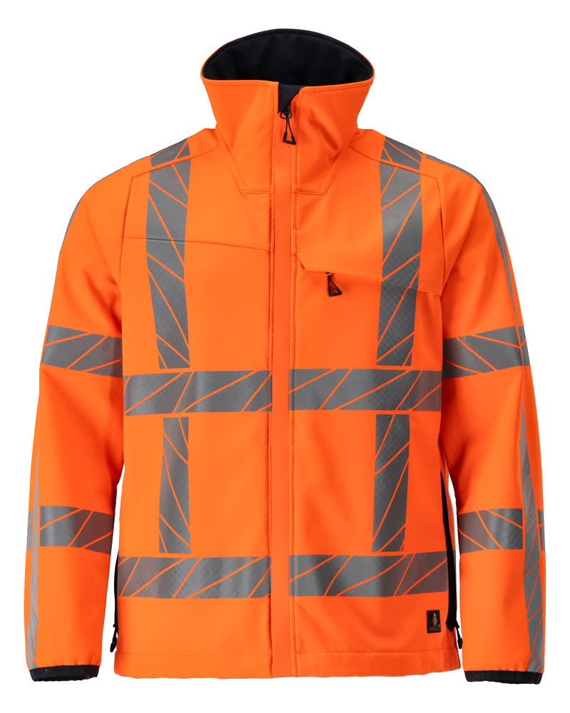 MASCOT® ACCELERATE SAFE Softshelljacke in fluoreszierendem Hi-Vis Orange, mit vertikalen und horizontalen Reflexstreifen, Reißverschluss, Stehkragen, körpernahe Passform, atmungsaktiv, winddicht und wasserabweisend