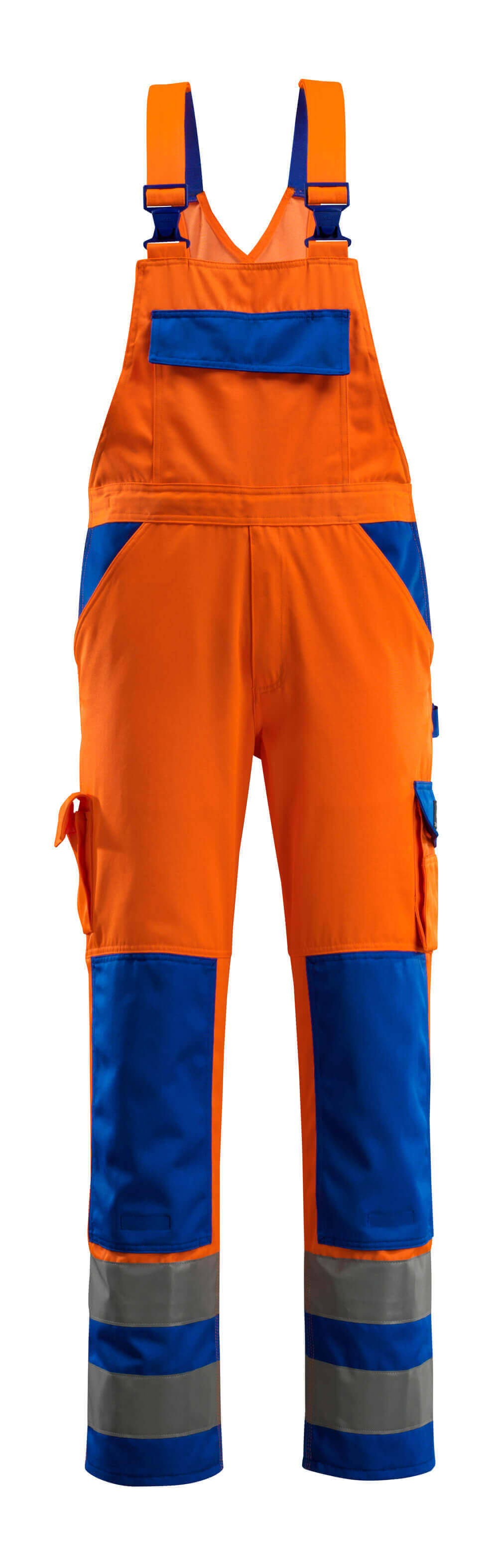 Zweifarbige MASCOT® Barras SAFE COMPETE Warnschutz-Latzhose mit Knietaschen in Hi-vis Orange/Kornblau und Reflexstreifen, Größe 82C44