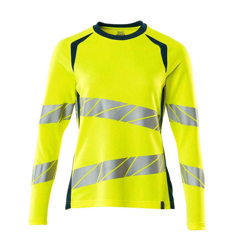 MASCOT® ACCELERATE SAFE Langarmshirt in Damenpassform, zweifarbiges Warnschutzshirt mit reflektierenden Streifen in Hi-Vis Orange/Schwarzblau Größe XL