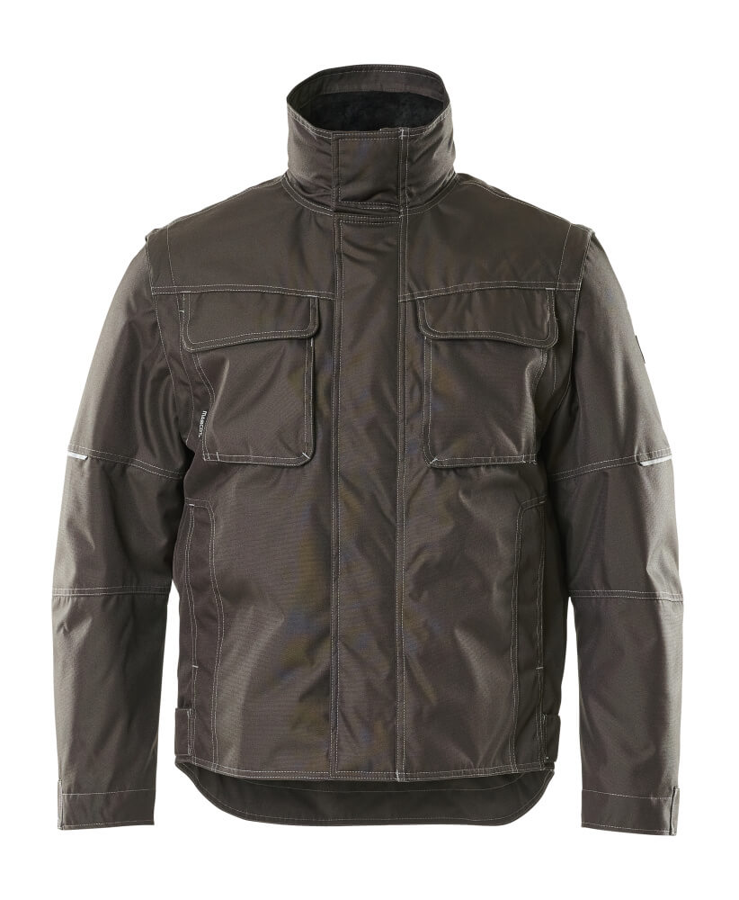 Dunkelgraue Arbeitsjacke mit Stehkragen, zwei großen Brusttaschen mit Patten und strapazierfähigem Material, frontale Ansicht