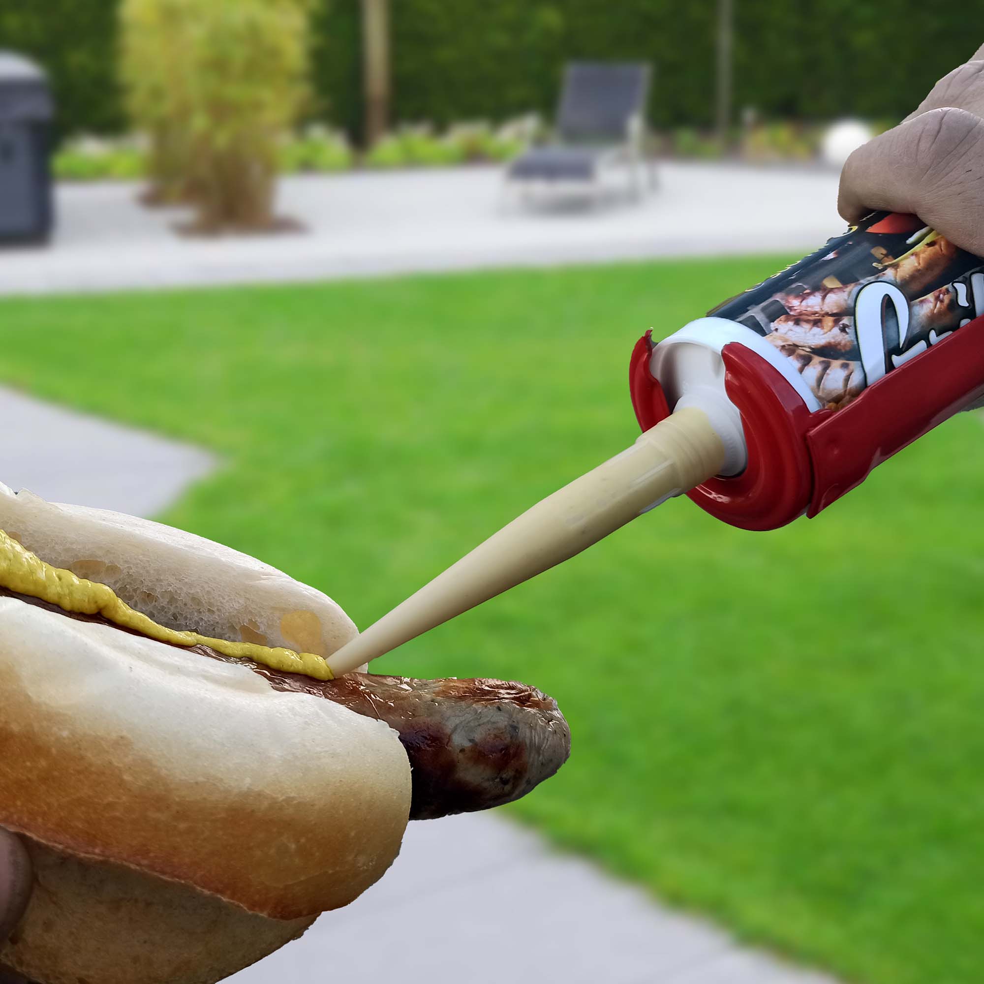 Bratwurst im Brötchen mit Grillikon Kartuschensoße aus Gesch