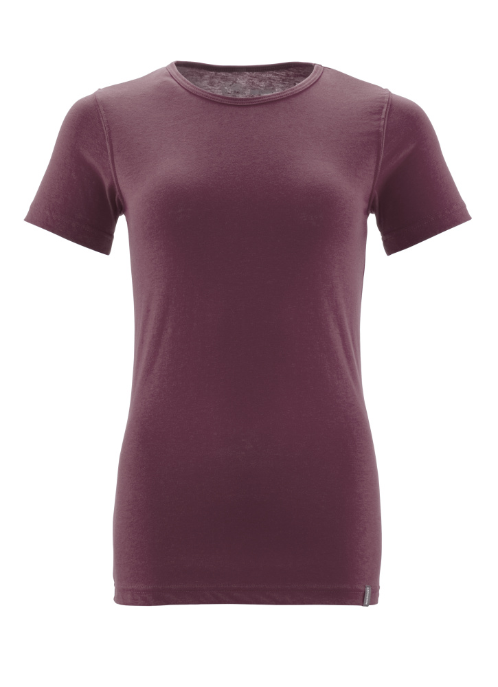 Figurnah geschnittenes Damen T-Shirt in Bordeaux mit Rundhalsausschnitt und kurzen Ärmeln auf weißem Hintergrund
