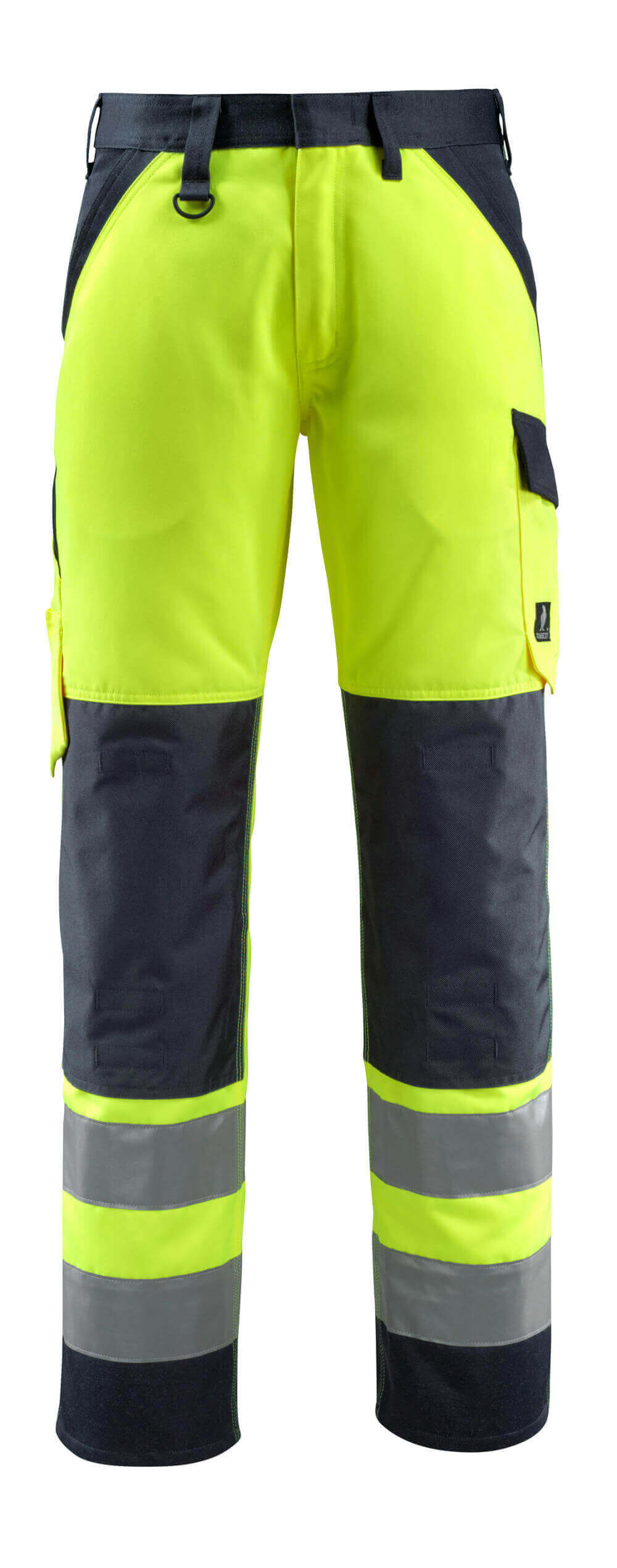 Vorderansicht der MASCOT® Maitland SAFE LIGHT Warnschutzhose mit Knietaschen in Hi-Vis Gelb/Dunkelanthrazit, Größe 82C58, mit Reflexstreifen