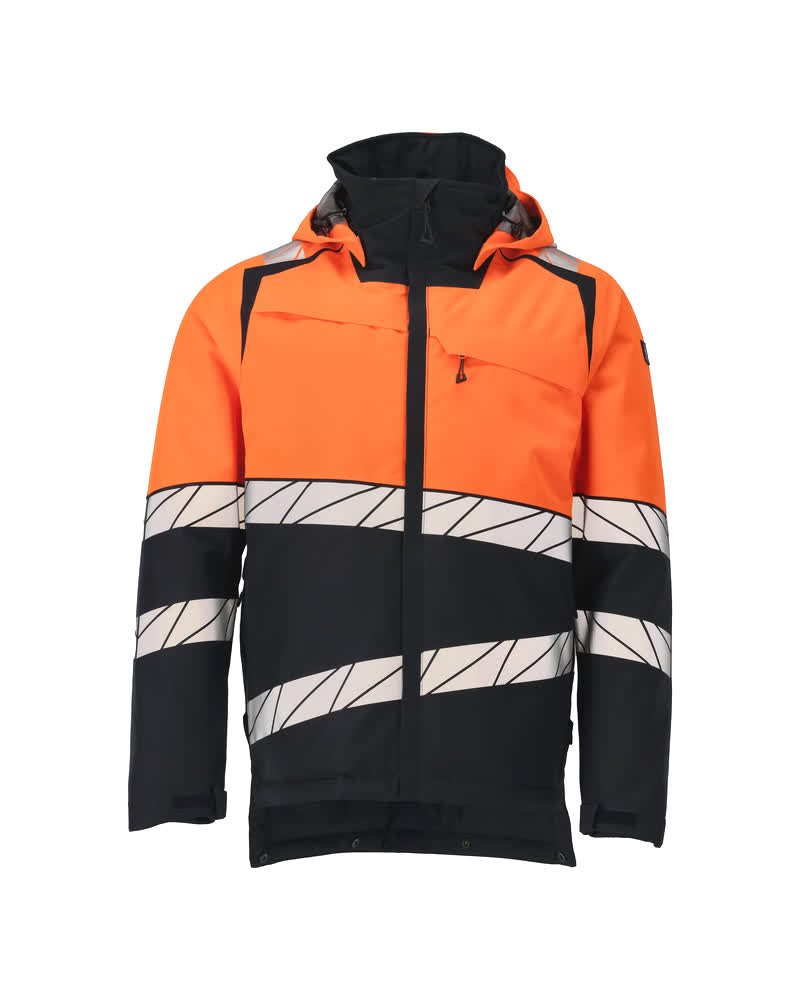 MASCOT® ACCELERATE SAFE Winterjacke in Schwarzblau/Hi-vis Orange, fluoreszierend, mit schrägen Reflexstreifen, abnehmbarer Kapuze und CLIMASCOT® Isolierung