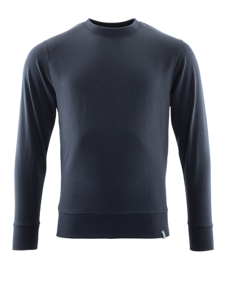 Ansicht eines dunkelblauen Herren-Sweatshirts mit Rundhalsausschnitt, langen Ärmeln und elastischen Bündchen