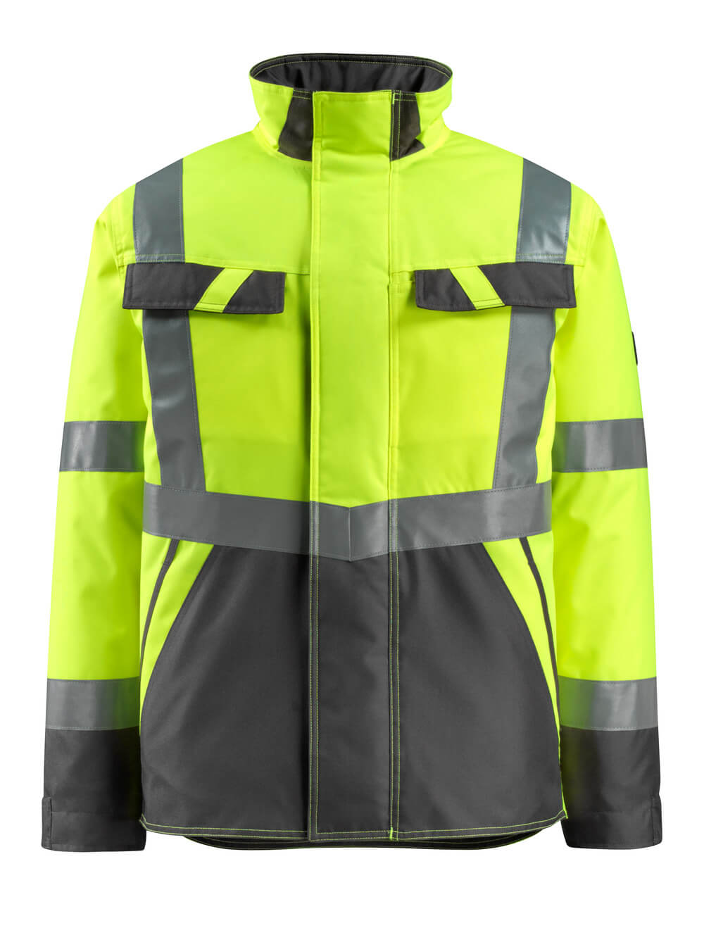 Frontansicht der MASCOT® Penrith SAFE LIGHT Winterjacke in Hi-Vis Gelb/Dunkelanthrazit, zweifarbige Winterwarnschutzjacke mit Reflexstreifen in Größe 2XL