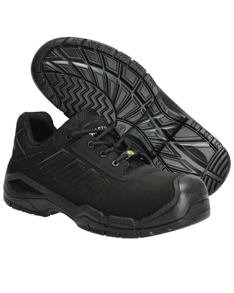 Schwarze MASCOT® Ultar FOOTWEAR FIT Sicherheitsschuhe mit Komposit-Zehenschutzkappe, textilem Durchtrittschutz, PU-Spitzenschutz und rutschfester, hitzebeständiger Non-Marking-PU-Laufsohle